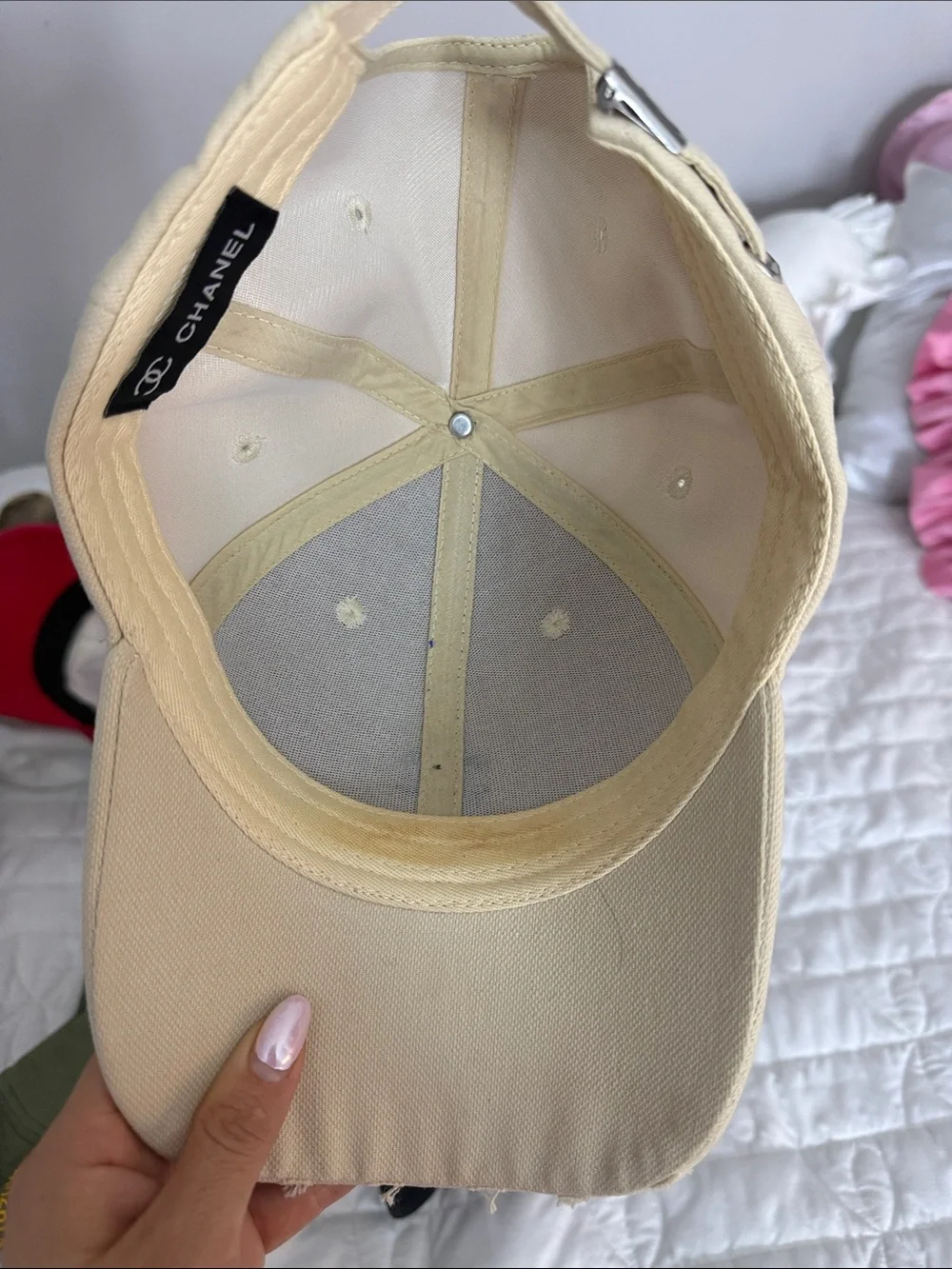 CHANEL Cream Baseball Cap with Navy Embroidered Logo